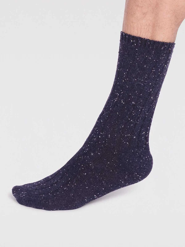 Aaron Ribbed Wool Blend Fleck Socks - Navy