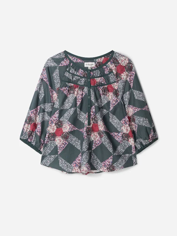 Tarni Hemp Patchwork Blouse - Dark Eucalyptus Green