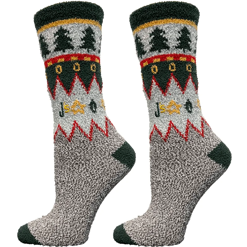 Fair Isle Tree Grey Fuzzy Women's Crew Socks