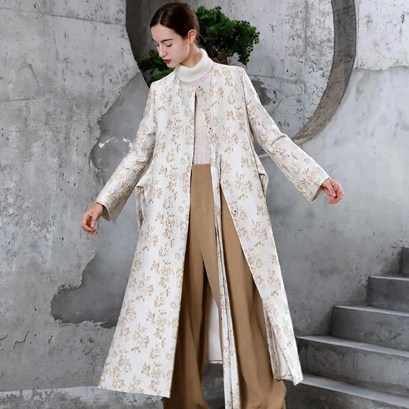 2018 beige Jacquard Woolen Coat Women oversize maxi coat stand collar asymmetric side open flare sleeve coats