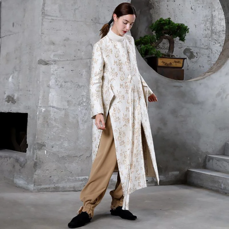 2018 beige Jacquard Woolen Coat Women oversize maxi coat stand collar asymmetric side open flare sleeve coats