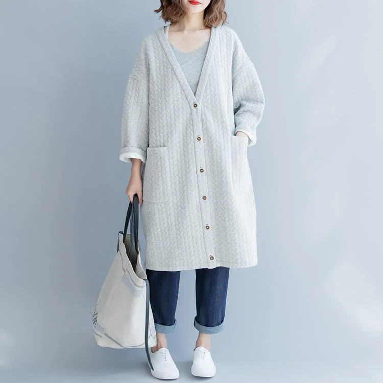 2018 gray Winter coat plus size v neck Wool Coat vintagebig pockets coat