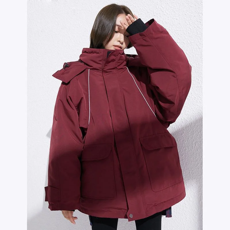 2018 New burgundy warm winter coat trendy plus size patchwork women parka drawstring overcoat