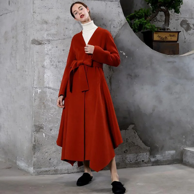 2018 red wool overcoat Loose fitting trench coat V neck tie waist asymmetric women coats