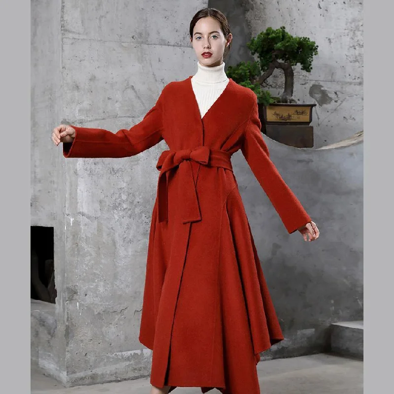 2018 red wool overcoat Loose fitting trench coat V neck tie waist asymmetric women coats