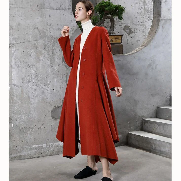 2018 red wool overcoat Loose fitting trench coat V neck tie waist asymmetric women coats