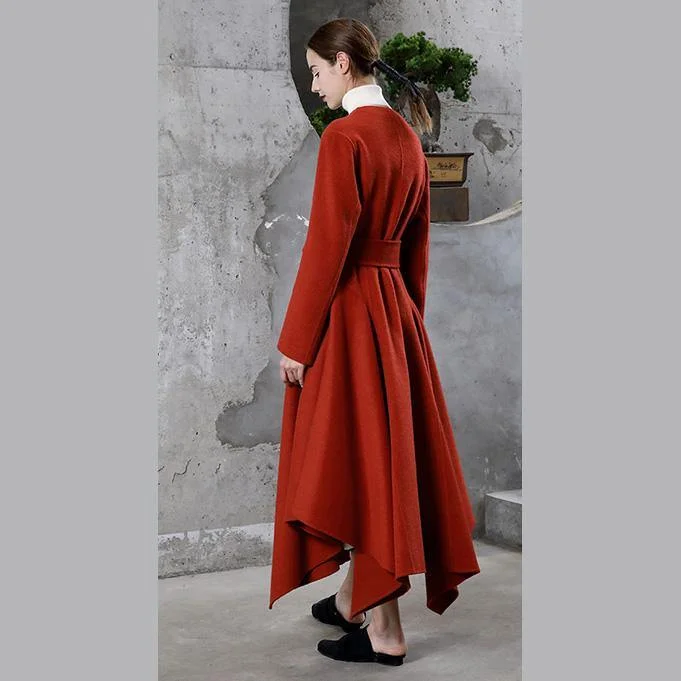 2018 red wool overcoat Loose fitting trench coat V neck tie waist asymmetric women coats