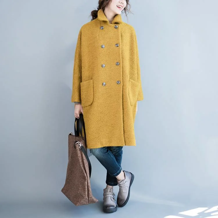 2018 yellow woolen coat plus size big pockets wool Coats Fashion double breast long coats