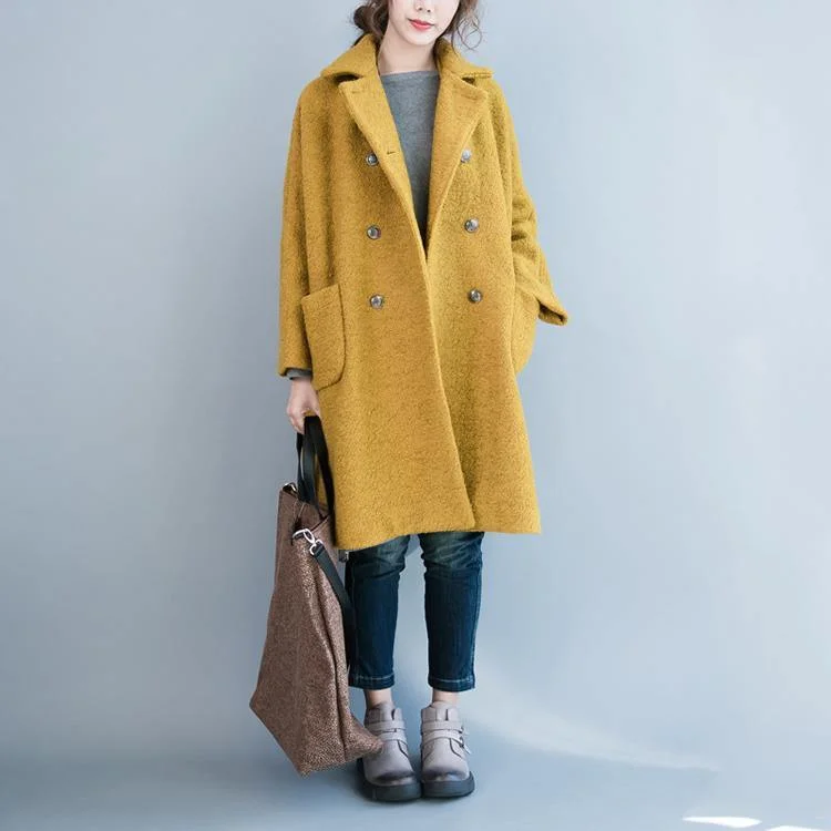 2018 yellow woolen coat plus size big pockets wool Coats Fashion double breast long coats