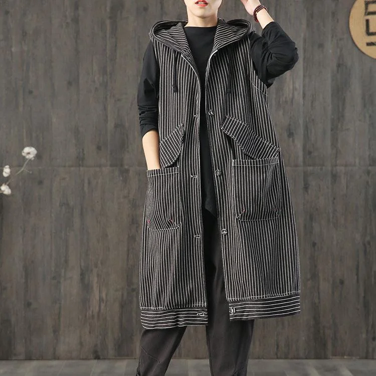 2019 black striped hooded Coat Women plus size Jackets & Coats fall women coats sleeveless