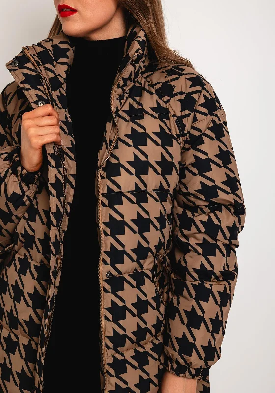 Ichi Houndstooth Quilted Coat, Tan