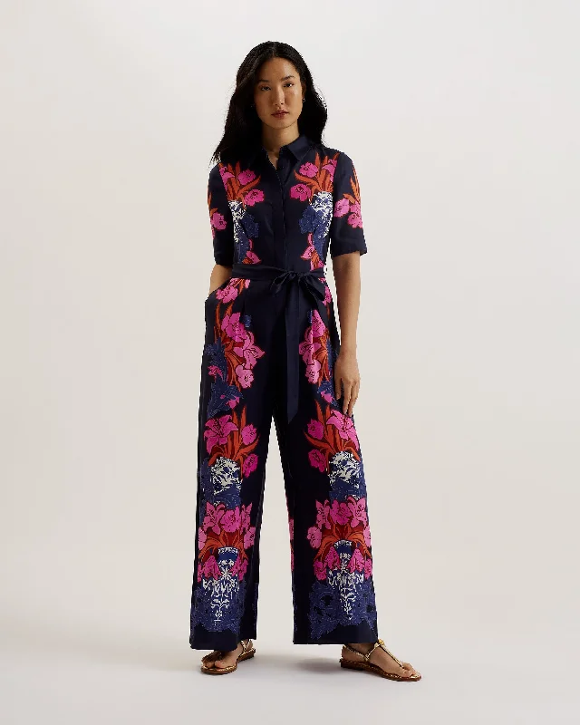 Kimmyko Open Collar Wide Leg Jumpsuit Dk-Blue