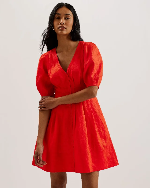 Koyo Linen Puff Sleeve Mini Dress Red