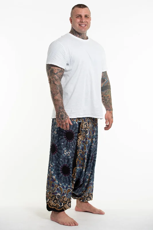 Plus Size Paisley Mandalas Drop Crotch Men's Harem Pants in Blue Gray