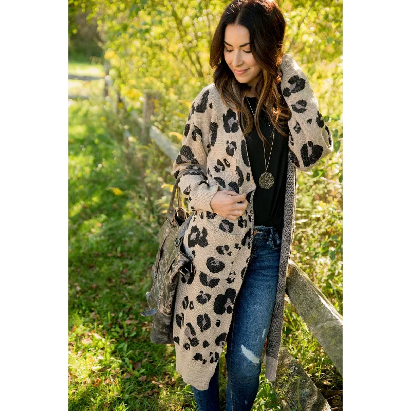 Leopard Raw Edge Pocket Tunic Cardigan