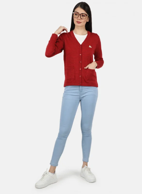 Women Red Solid Cardigan