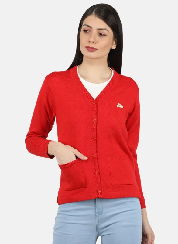 Women Red Solid Cardigan