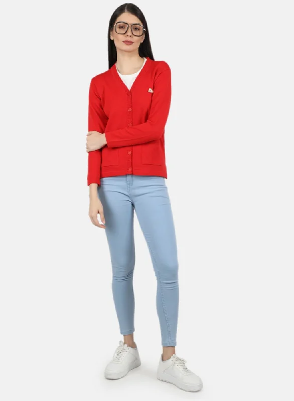 Women Red Solid Cardigan