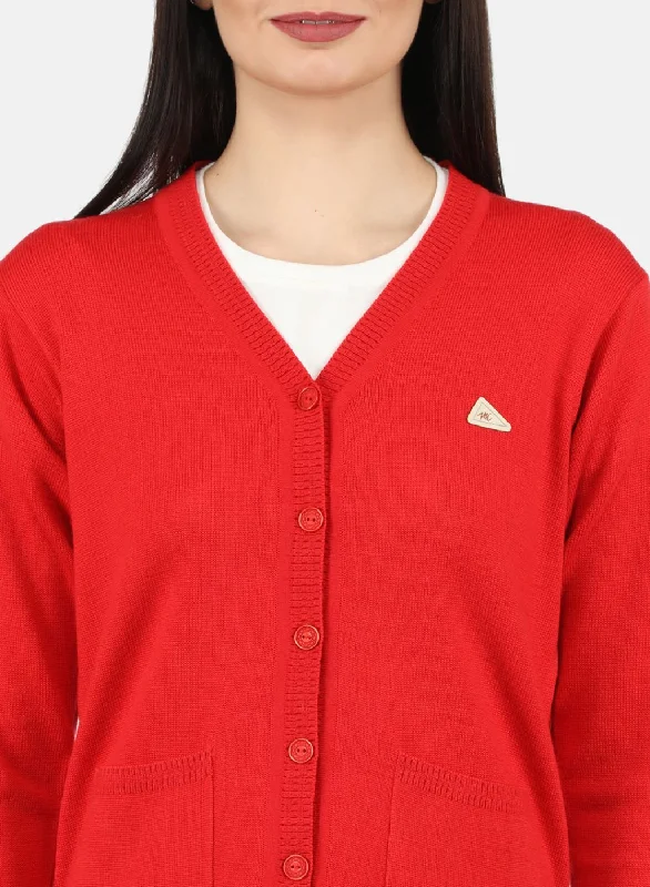 Women Red Solid Cardigan