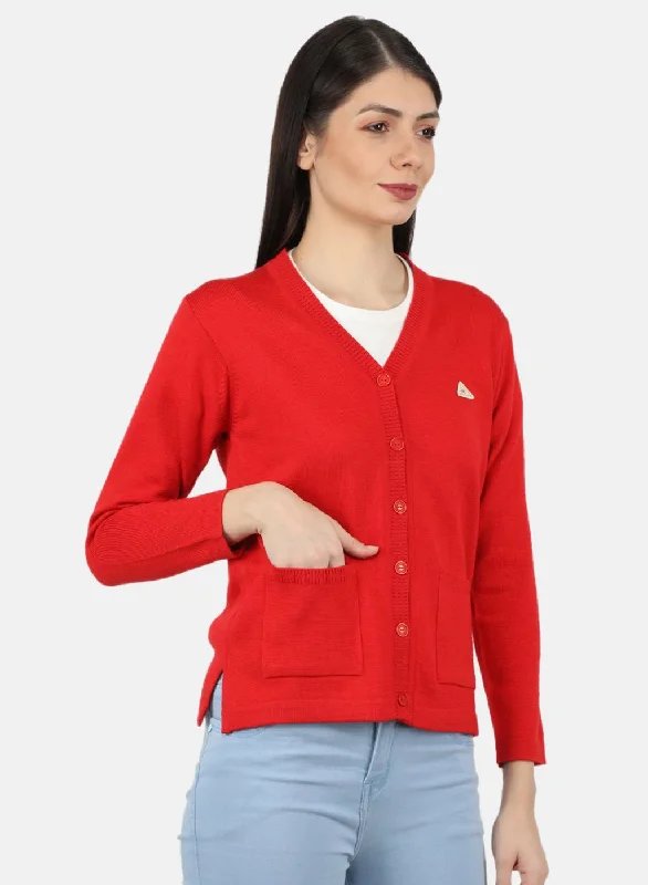 Women Red Solid Cardigan