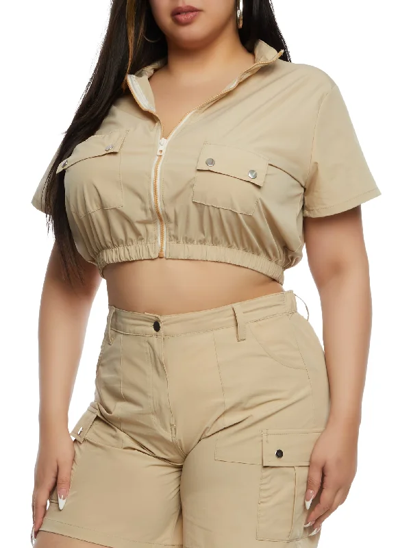 Plus Size Cargo Pocket Zip Front Crop Top