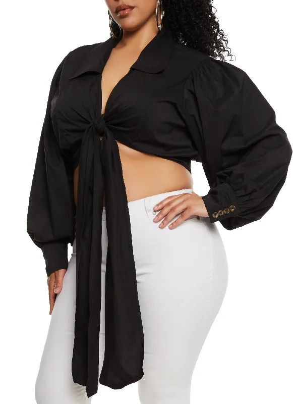 Plus Size Balloon Sleeve Tie Front Crop Top