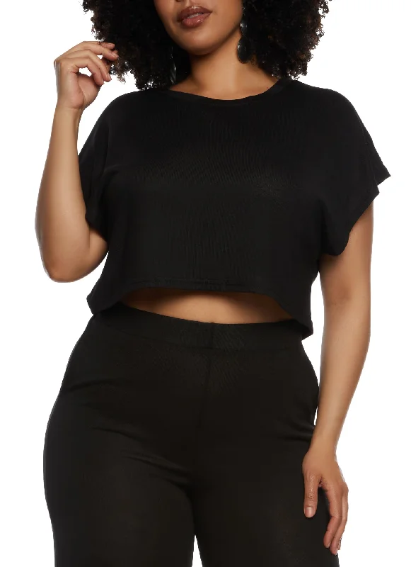 Plus Size Daisy Brushed Knit Crew Neck Crop Top