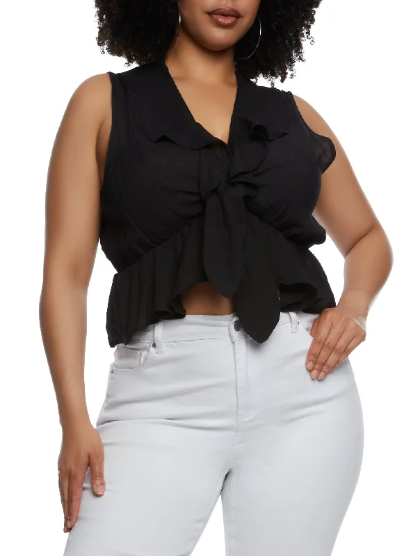 Plus Size Gauze Knit Ruffled Tie Front Crop Top