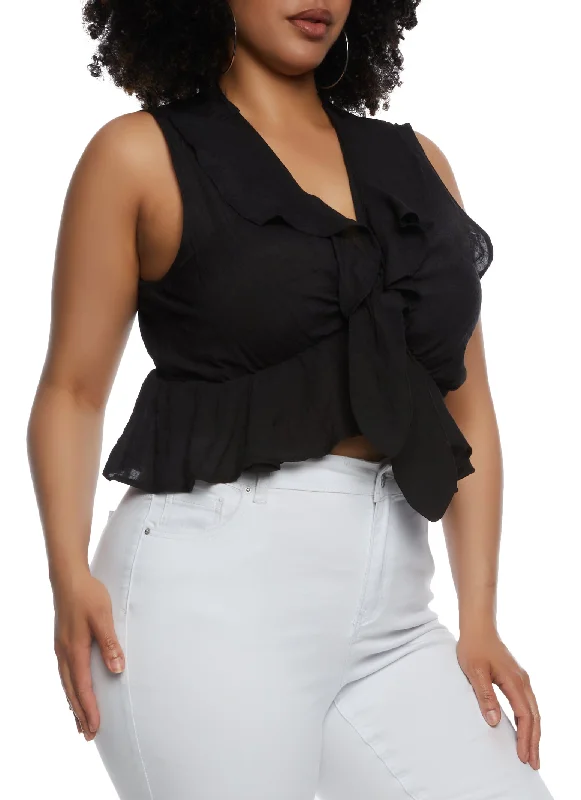 Plus Size Gauze Knit Ruffled Tie Front Crop Top