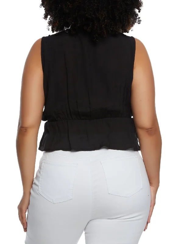 Plus Size Gauze Knit Ruffled Tie Front Crop Top