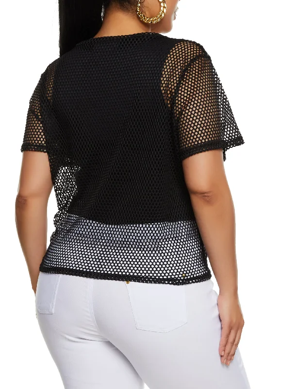 Plus Size Love Graphic Patch Fishnet Top