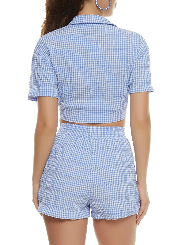 Gingham Cropped Tie Front Shirt