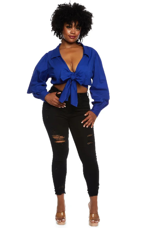 Plus Size Collared Tie Front Crop Top