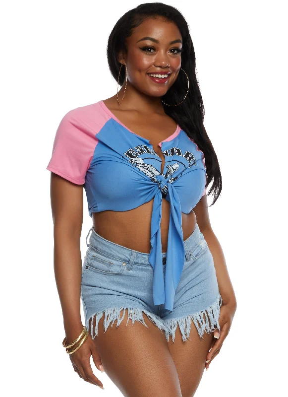 Plus Size Motorcycle Graphic Tie Front Crop Top