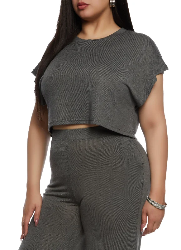 Plus Size Daisy Brushed Knit Crew Neck Crop Top