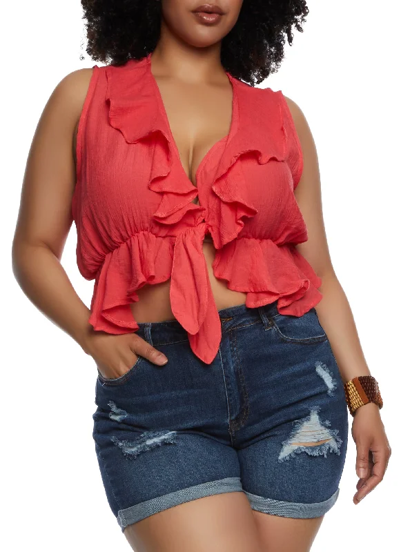 Plus Size Gauze Knit Ruffled Tie Front Crop Top