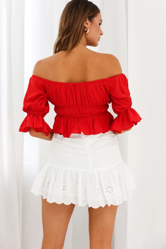 Josephina Off-Shoulder Lace-Up Front Crop Top Red