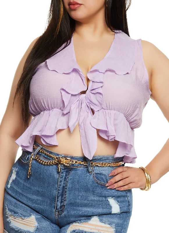 Plus Size Gauze Knit Ruffled Tie Front Crop Top