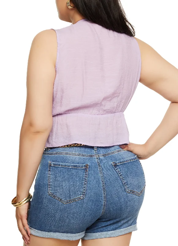 Plus Size Gauze Knit Ruffled Tie Front Crop Top