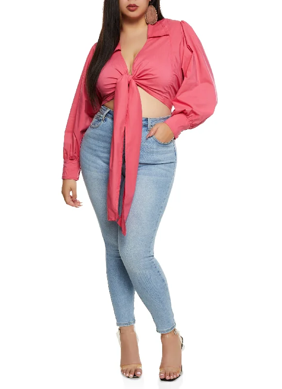 Plus Size Balloon Sleeve Tie Front Crop Top