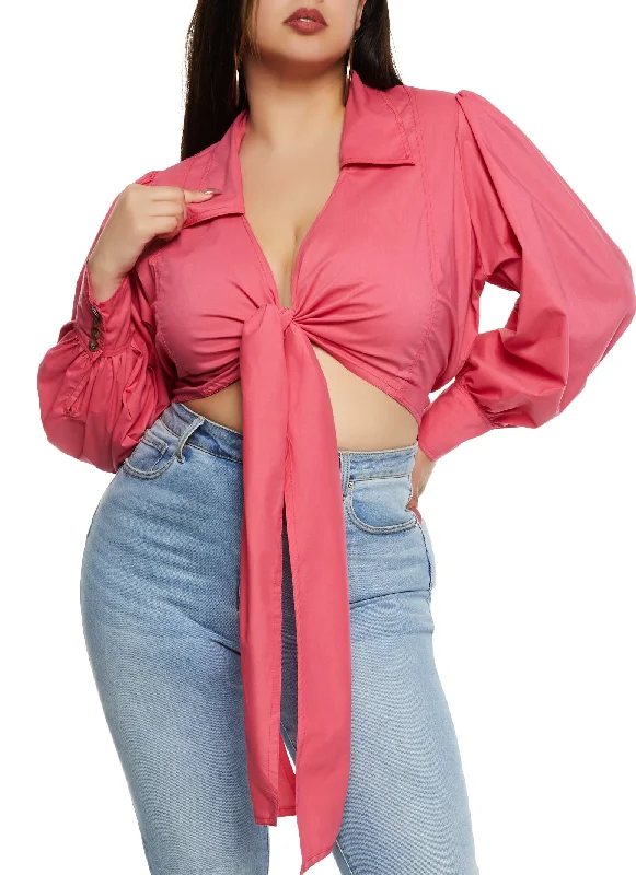 Plus Size Balloon Sleeve Tie Front Crop Top