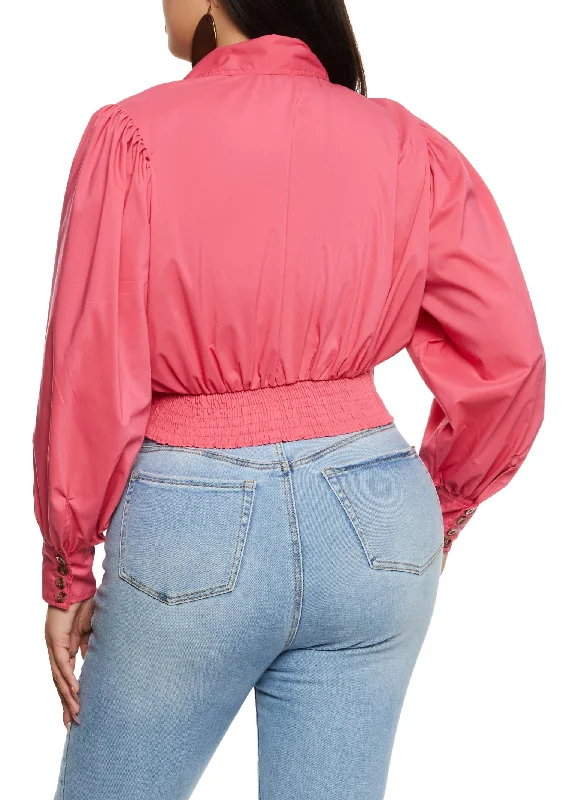 Plus Size Balloon Sleeve Tie Front Crop Top