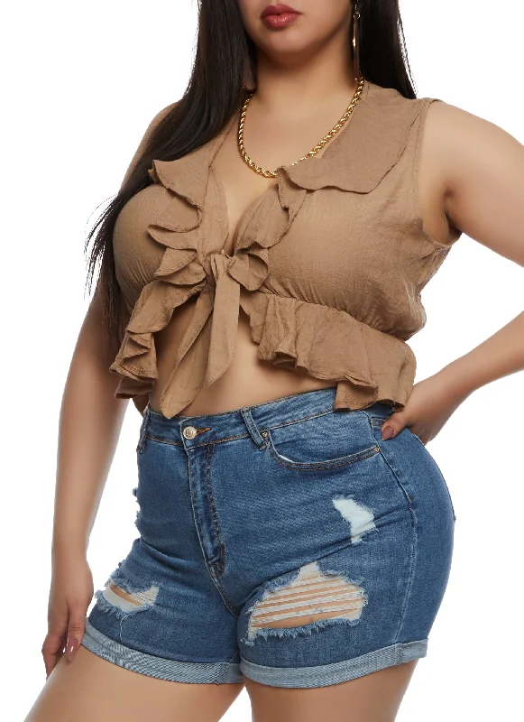 Plus Size Gauze Knit Ruffled Tie Front Crop Top