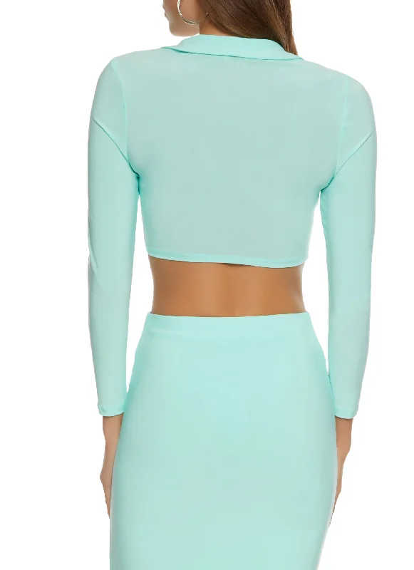 Long Sleeve Tie Front Cropped Blouse