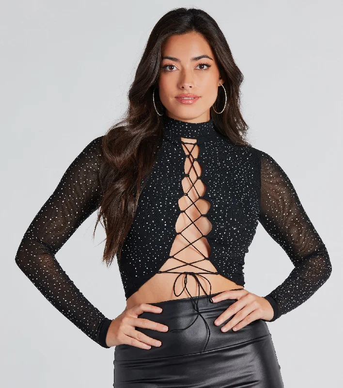 Vamped Up Rhinestone Lace-Up Crop Top