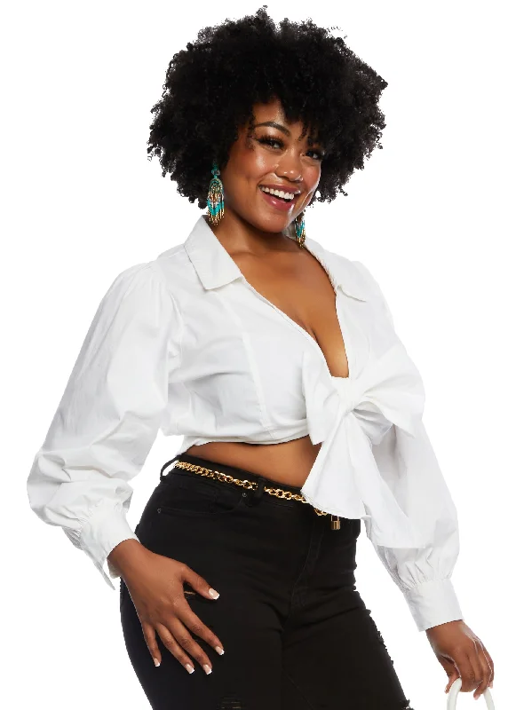 Plus Size Collared Tie Front Crop Top