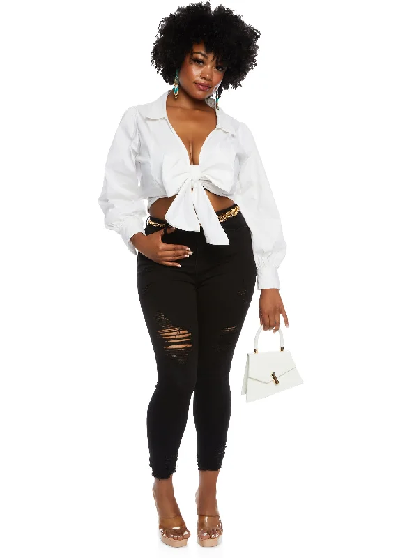 Plus Size Collared Tie Front Crop Top